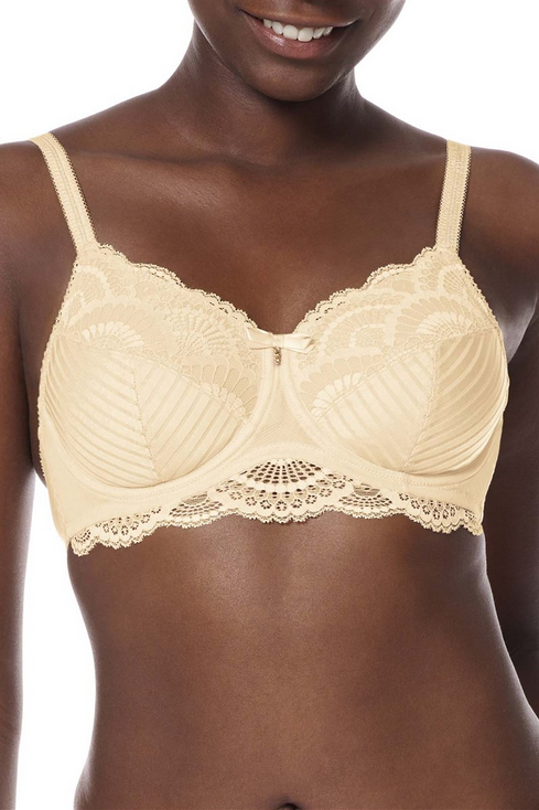 Romantic big cup bra, lace overlay, partially sheer cups, B to J-cup